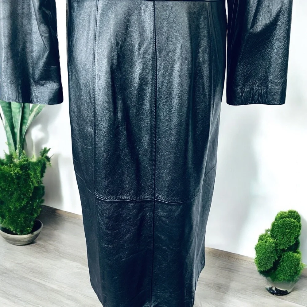 WINLIT New York Size Medium Black Leather Trench Coat Mob Wife Matrix 80s VGC - Picture 7 of 14
